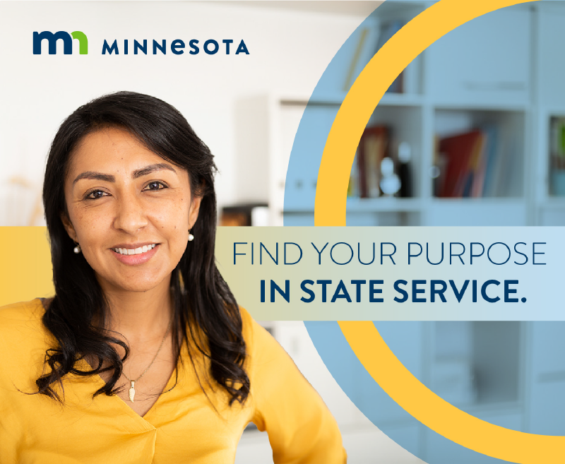 A woman smiling in a workplace environment. Text: Find your purpose in state service.